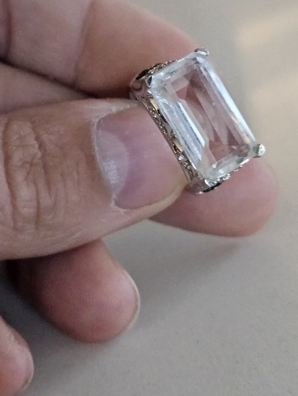 Luxury Massive Emerald Cut Rock Quartz Crystal Ring In Sterling Silver